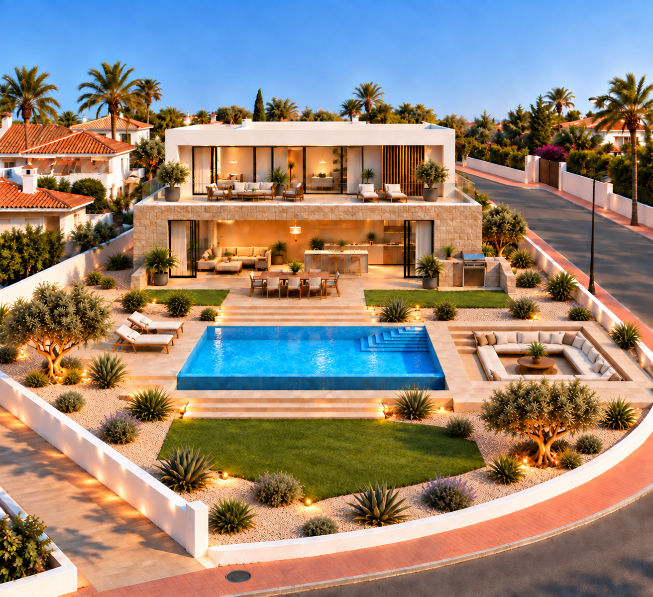 The villa seen from the garden with pool, terrace and large glass sections